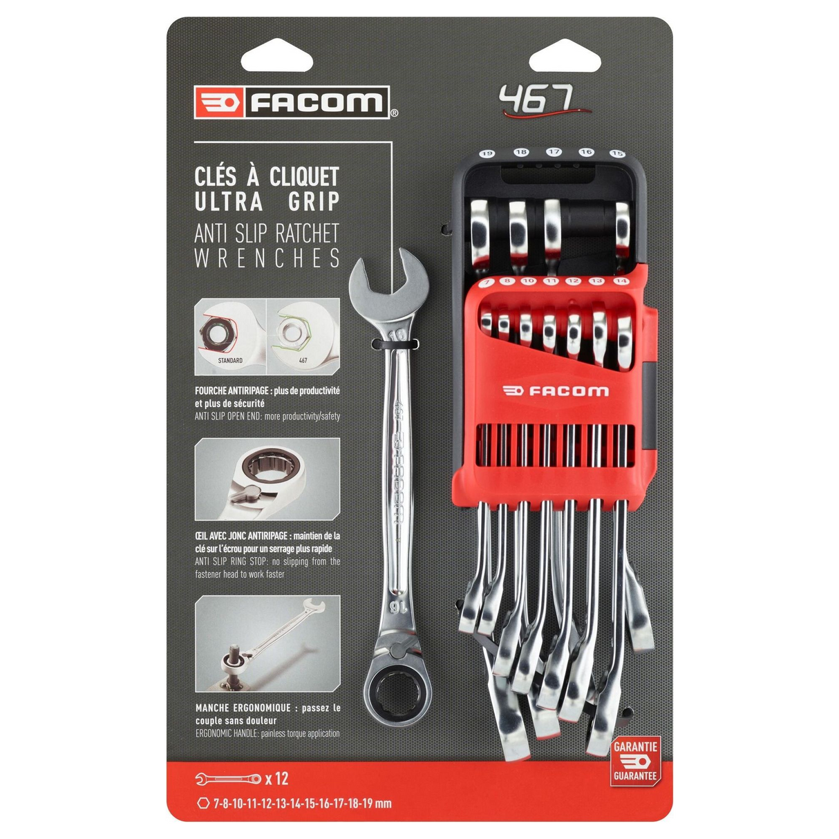467B.JP12PB - Facom 467B.JP12PB Reversible Ratchet Wrench Set 7-19mm